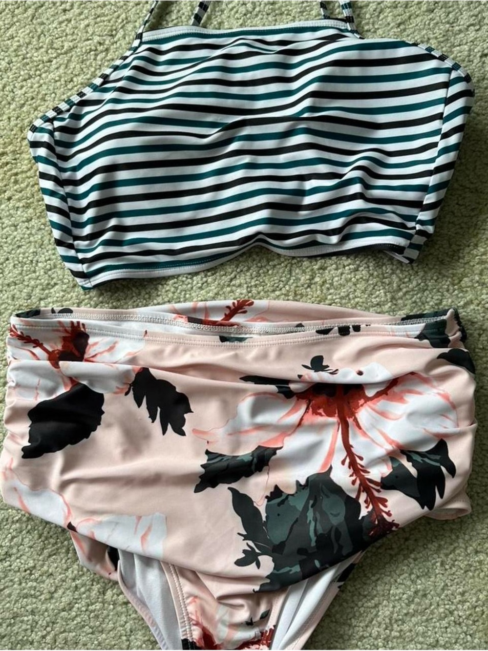 Striped Green & White Bikini Top with Pink Floral Bikini Bottom - Kids Swim
